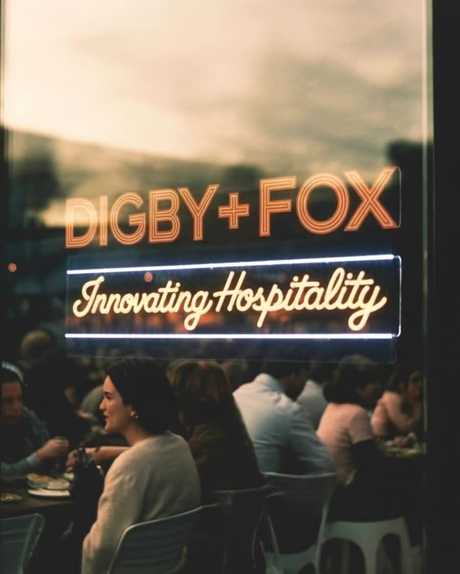 Digby + Fox neon sign in a restaurant window at dusk, diners seated beyond the glass